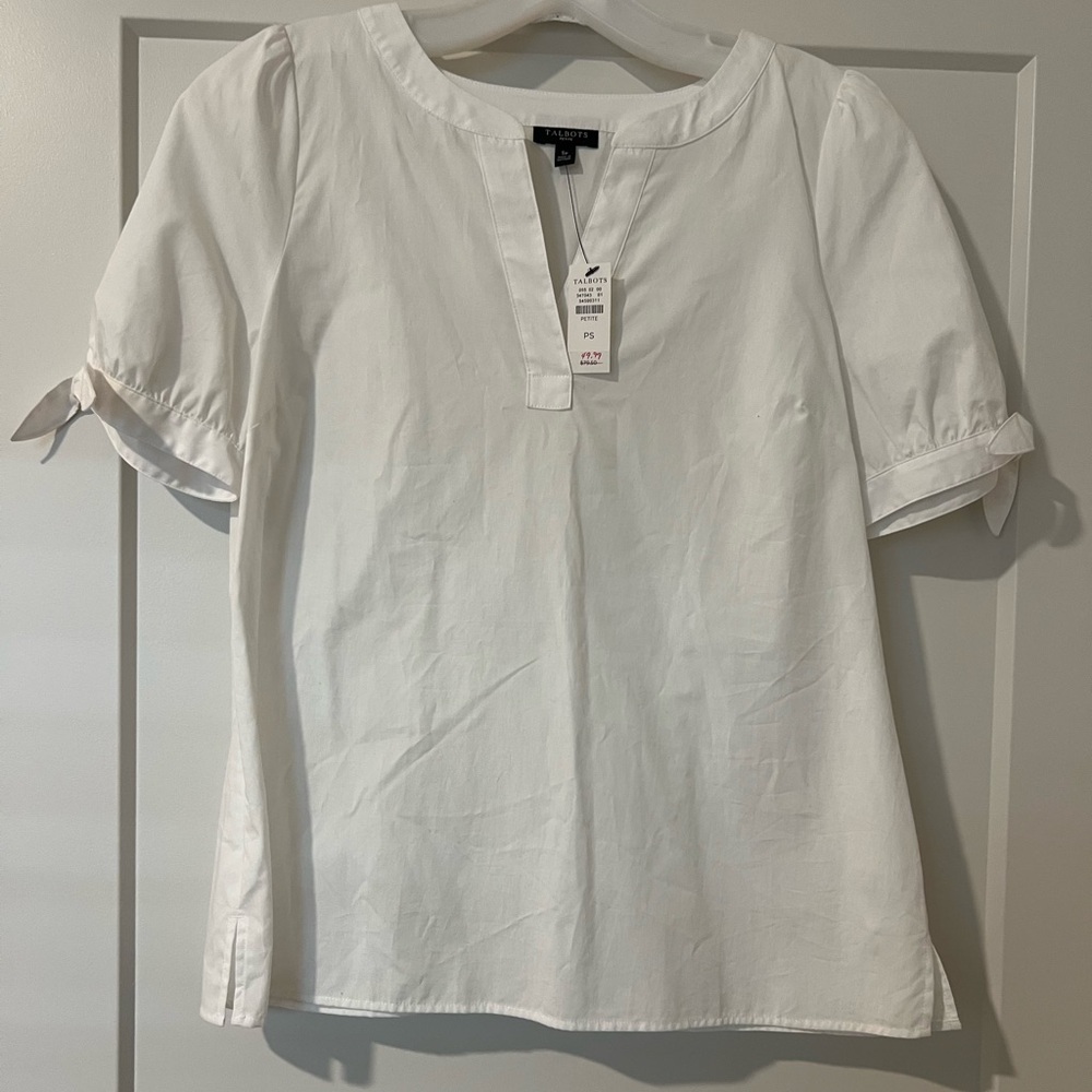 Talbots Petite White Cotton Split-Neck Short Sleeve Top with Tie Sleeves